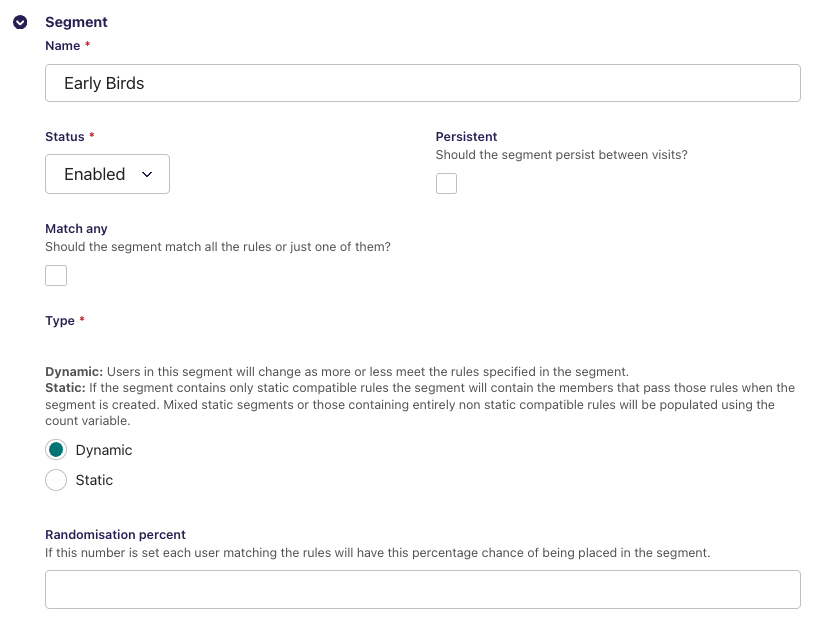 The form that allows you to configure specific segment options