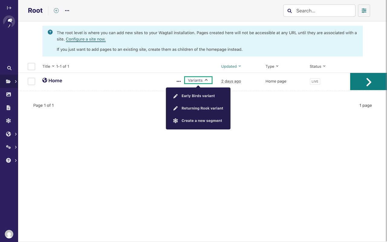 The variants button that appears on personalisable pages